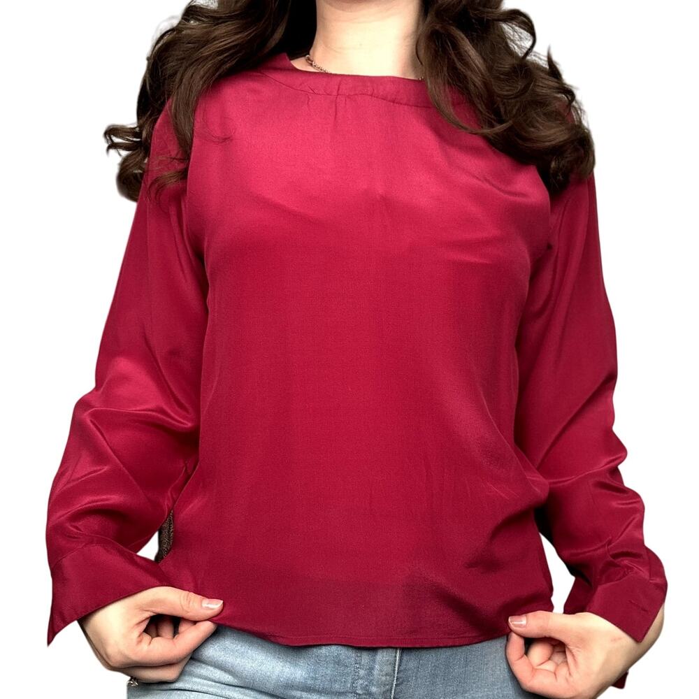 SLB Sunny Leigh S Berry Red Silk Long Sleeve Top Blouse Office Business Career